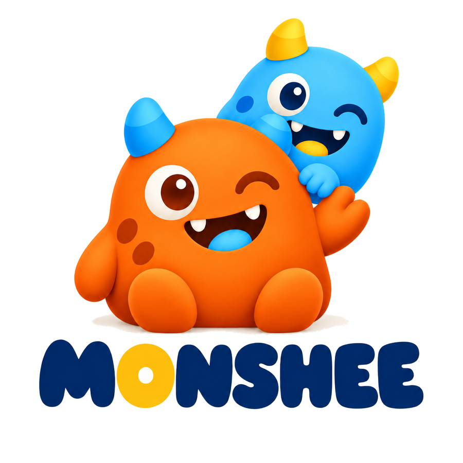 Monshee, an orange monster with a blue monster peeking over its shoulder
